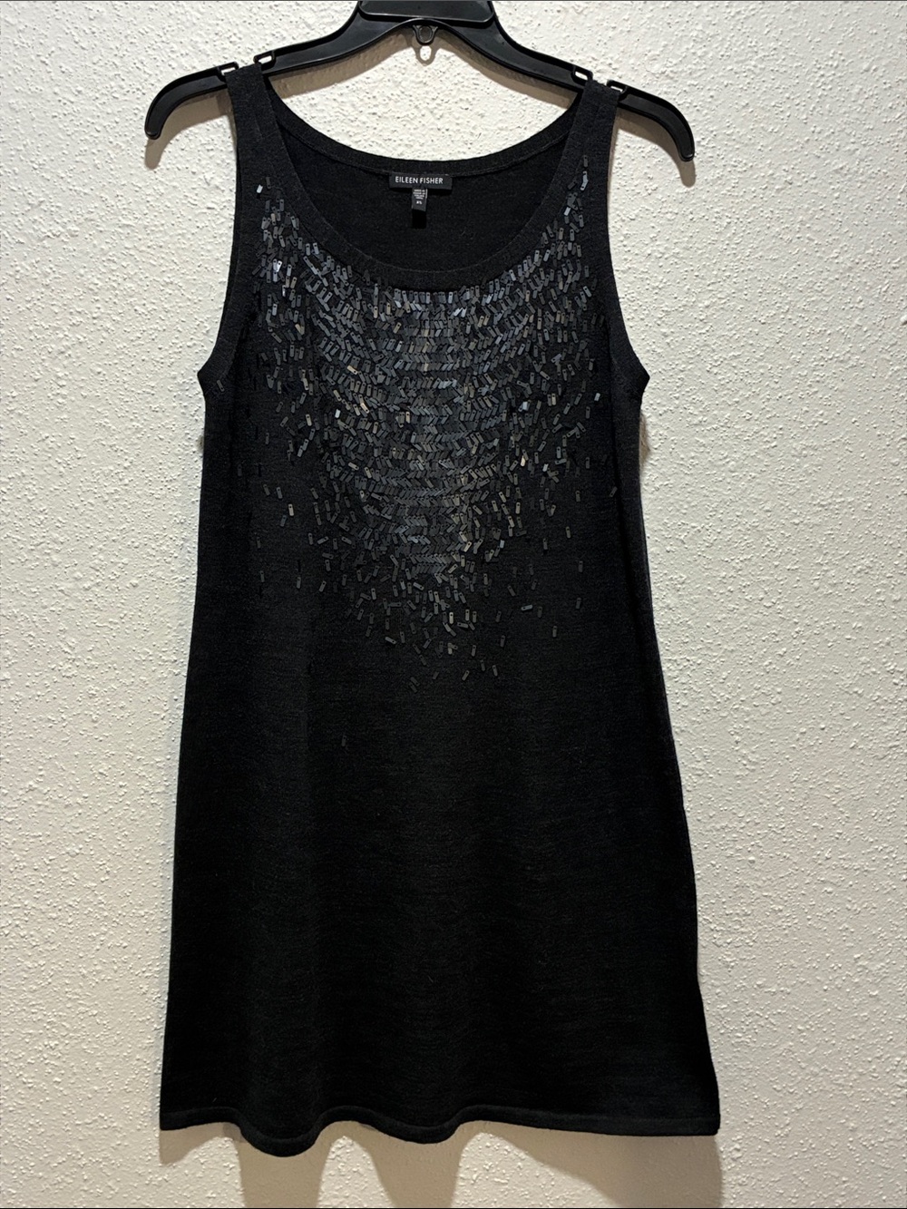 Eileen Fisher Black Beaded Sleeveless Knit Shift Dress